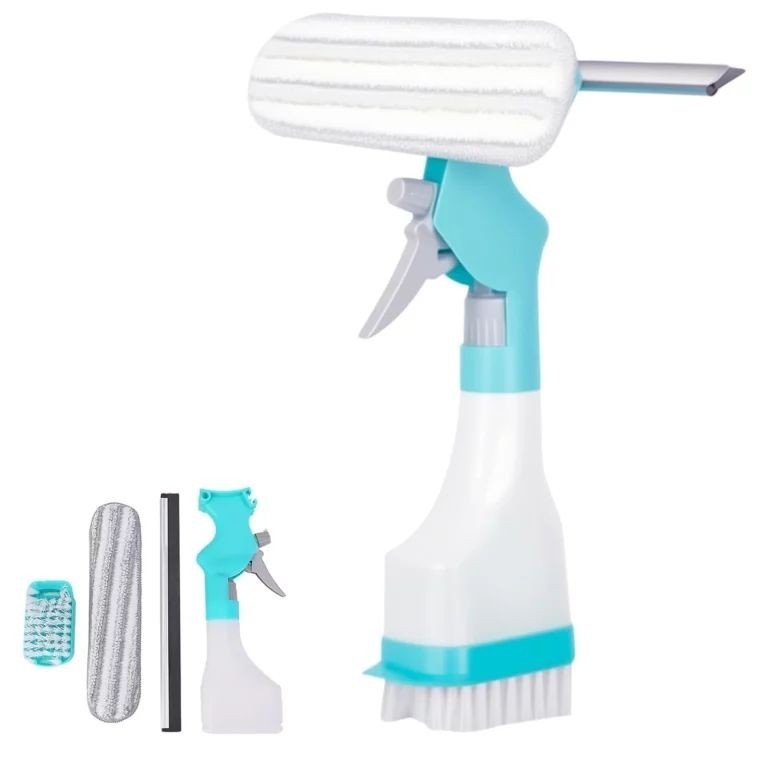 The window cleaning kit features a spray bottle with a blue trigger handle, a detachable squeegee, and a microfiber cleaning head, all arranged neatly to showcase the versatile tools for cleaning windows.