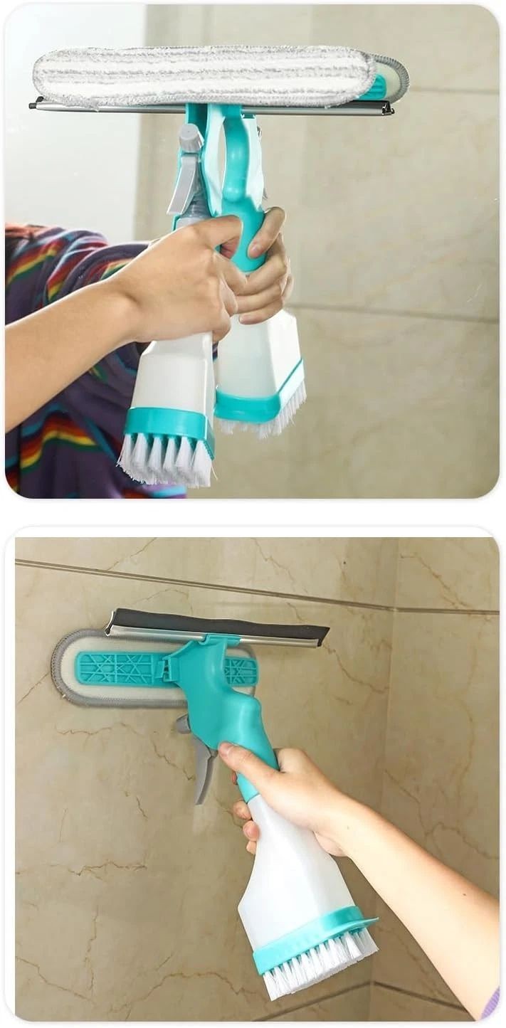 Hands holding the 4-in-1 window cleaning kit, highlighting the spray bottle and scrubber brush attachments, shown in use against a tiled surface. The kit features a teal and white color design with a microfiber head on the squeegee.