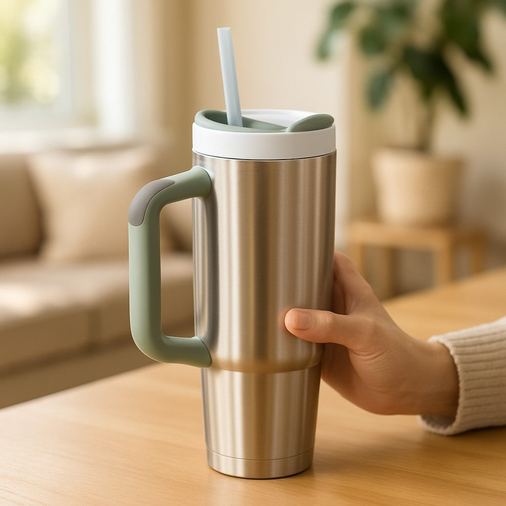 The stainless steel travel mug features a sleek, silver finish with a green silicone grip and a white lid with a straw, held in a person's hand while resting on a wooden table.