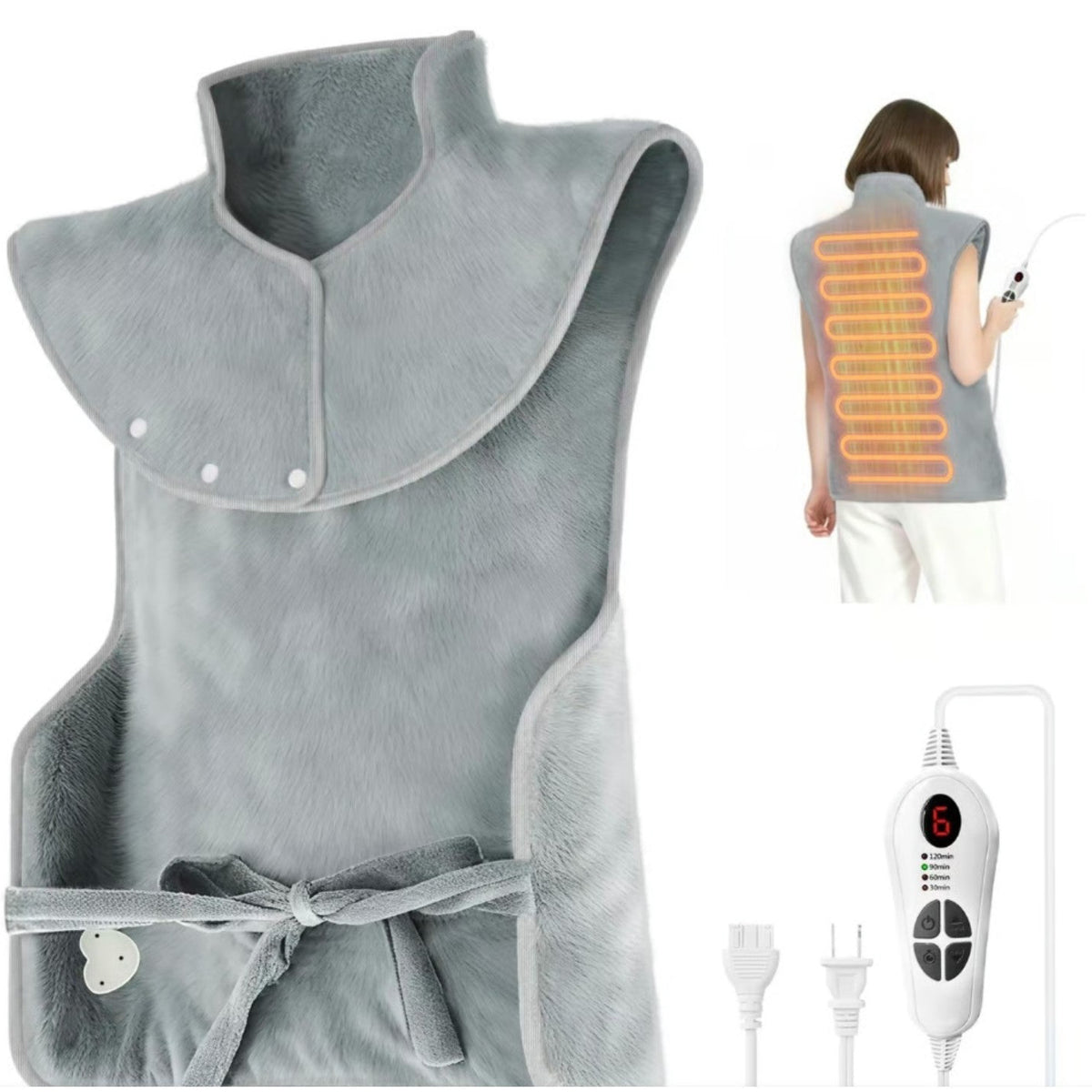 Soft gray heated neck and shoulder wrap featuring a collar design and tie closure, with visible heating elements and a control unit shown next to a person wearing it.
