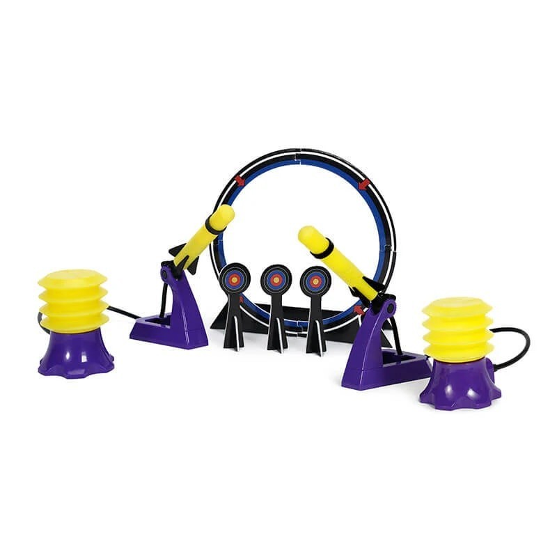 The air rocket challenge set features two yellow rocket launchers with black handles, a circular target, and three targets with red and blue bullseyes, all positioned on a purple base for stability. The design is colorful and intended for outdoor play.