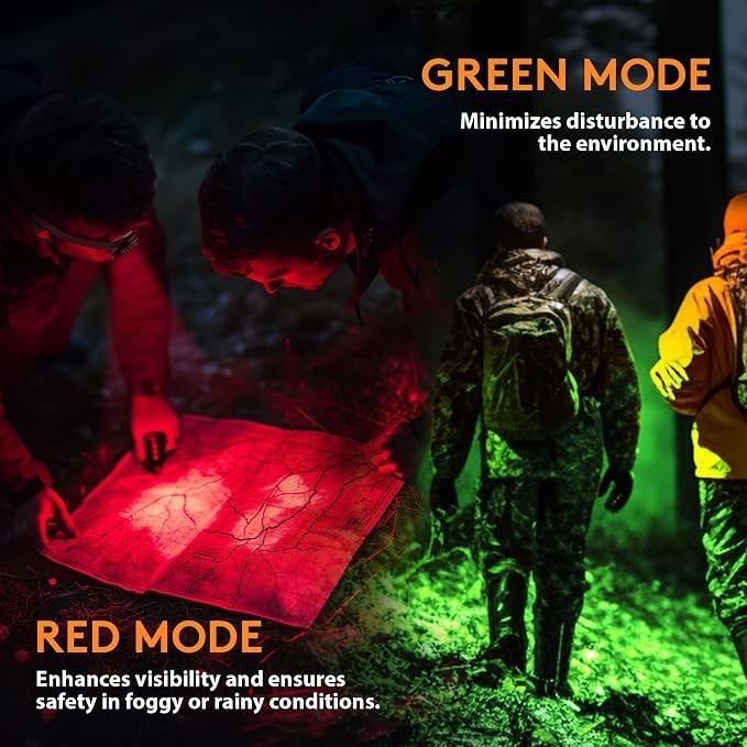 Two individuals are using the running safety light: one is examining a map under red light while the other walks in a forest setting illuminated by green light. The text highlights the benefits of both lighting modes: red for visibility in poor weather, and green for minimizing environmental disturbance.