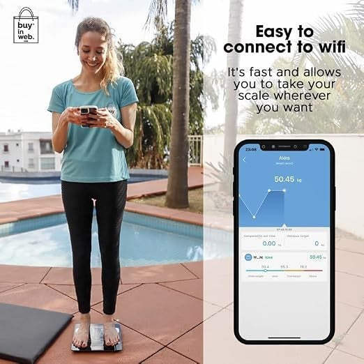 A woman stands on a smart scale by a pool, holding a smartphone displaying weight data and analysis. She is wearing a light blue shirt and black pants, with palm trees in the background.