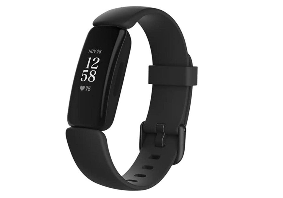 Sleek black Fitbit Inspire 2 health and fitness tracker featuring a rectangular screen displaying the date, time, and heart rate. The adjustable silicone band includes ventilation holes for comfort and breathability.