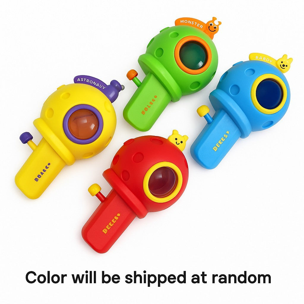 Four colorful water blasters in yellow, green, red, and blue with playful designs, featuring round bodies, clear viewing windows, and whimsical character attachments on top. Each blaster has a distinctive trigger and pump mechanism for water play.