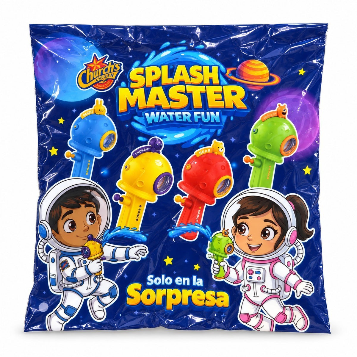 Bright blue packaging features the title "Splash Master Water Fun" in bold yellow letters, with images of colorful water blasters in yellow, red, green, and blue. Two children dressed in astronaut suits are shown joyfully splashing water, surrounded by a starry space theme.