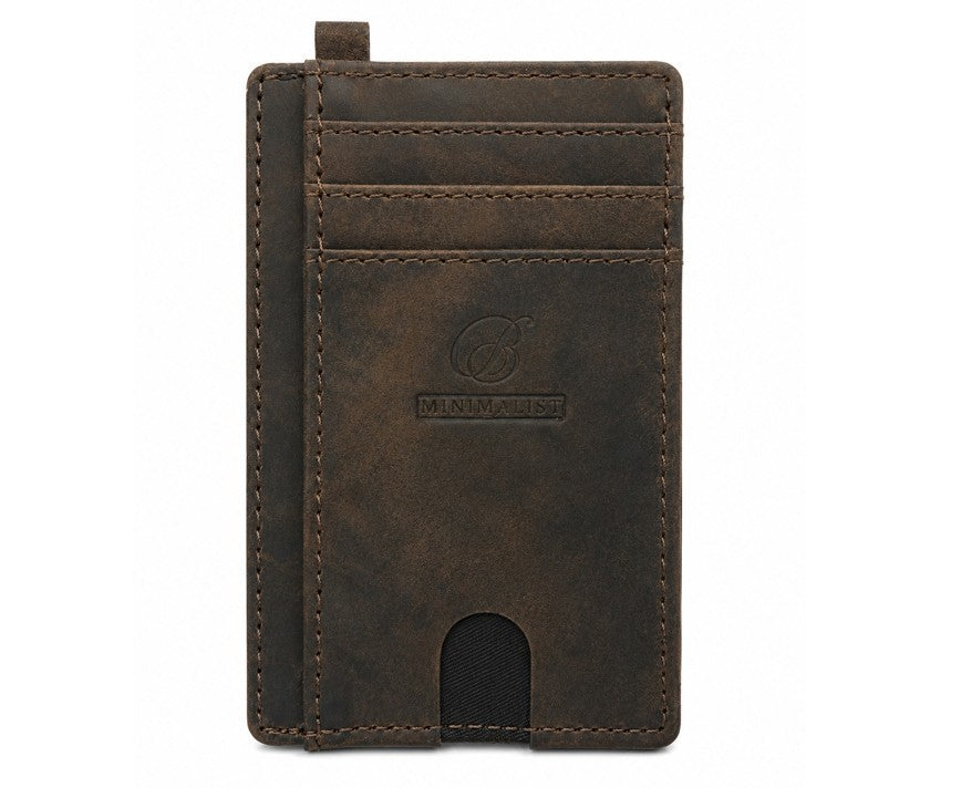 Front view of a slim, brown leather minimalist wallet featuring multiple card slots and a cutout at the bottom for easy card access, with embossed branding on the front.