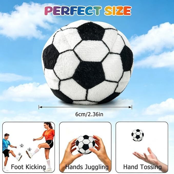 Round, soft soccer-style hacky sack featuring a classic black and white panel design, measuring 6 cm (2.36 in) in diameter. The image also includes illustrations showing various activities like foot kicking, juggling with hands, and hand tossing.