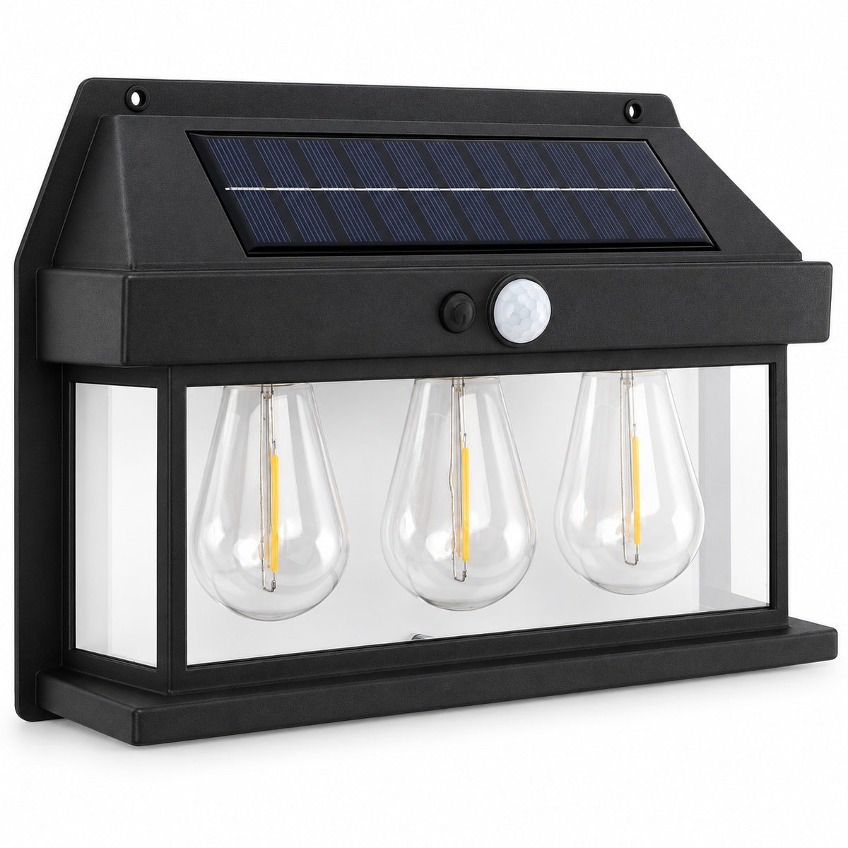 Outdoor solar motion sensor light featuring three clear teardrop-shaped bulbs with yellow filaments, a black housing, and a top solar panel for energy collection. The light includes a motion sensor visible on the front for automatic activation.