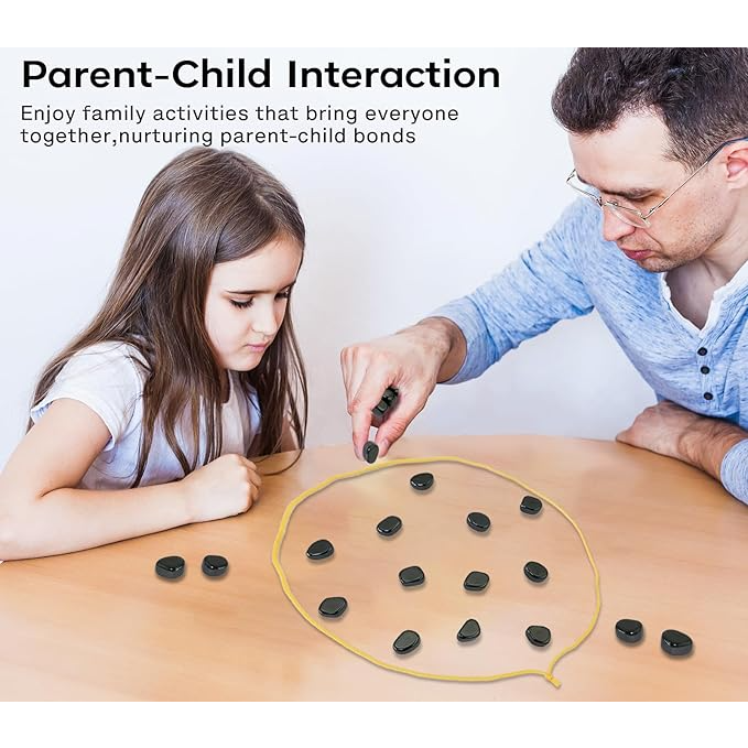 A father and daughter engage in the Magnetic Tabletop Game, with the daughter focused on the board while the father uses a magnetic piece to make a move. The pieces are black and arranged within a yellow shape on a wooden table.