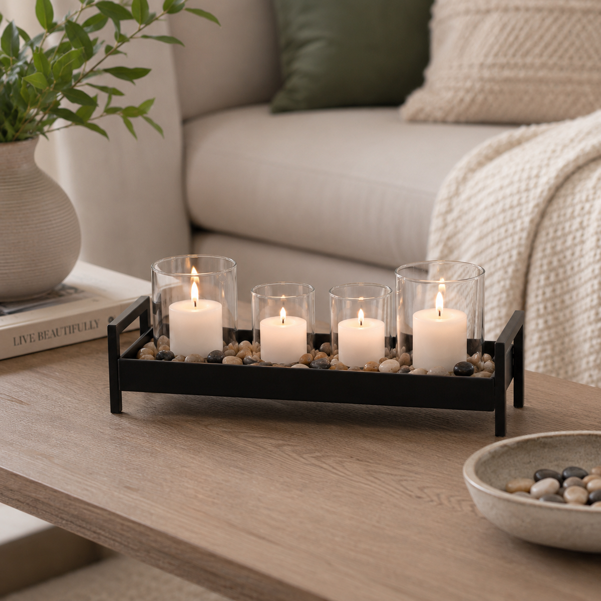 Cozy Home 13" Zen Votive Candle Holders, Metal Tray & Stones