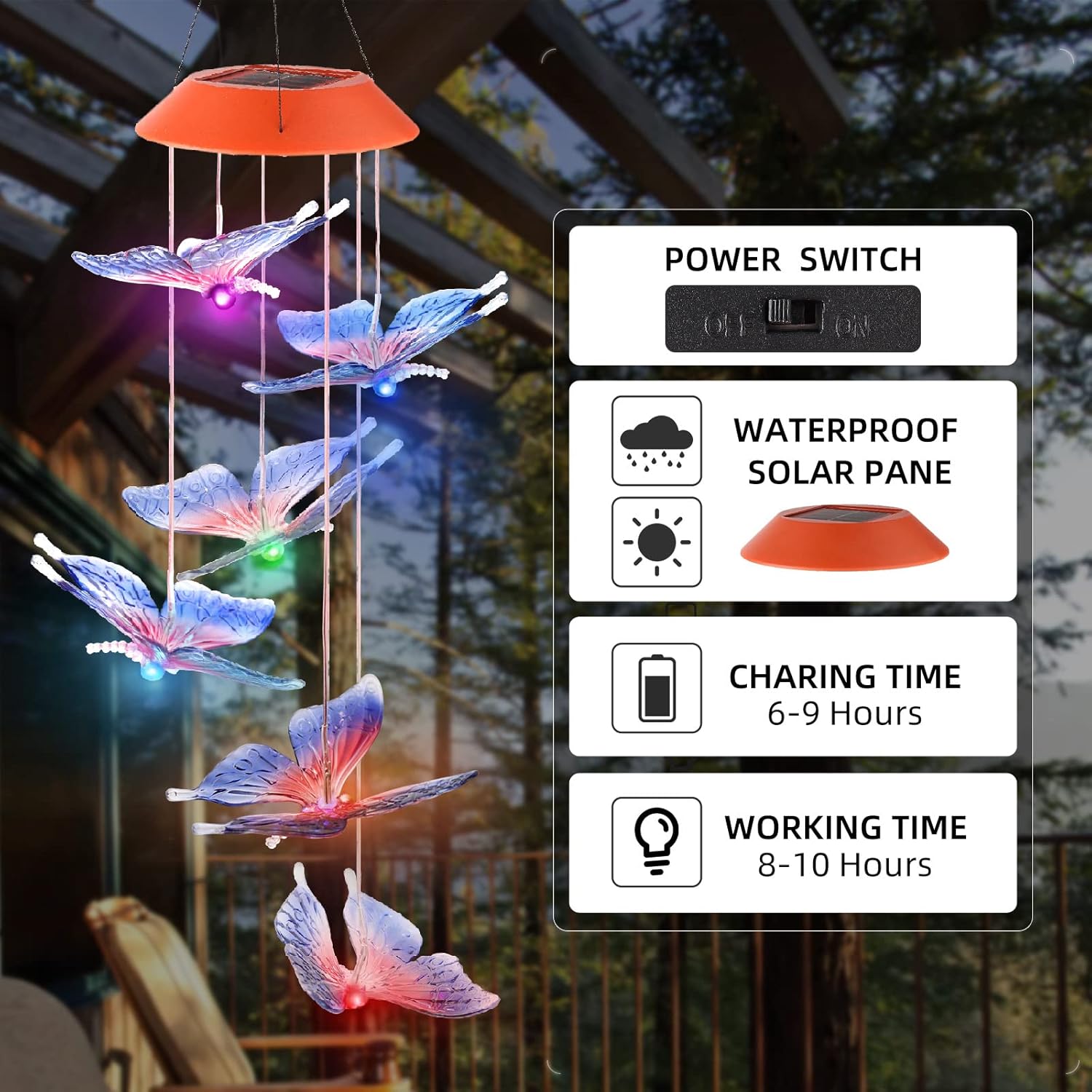 Solar Hummingbird/Butterfly Wind Chimes – LED Color-Changing Lights for Outdoor & Indoor Decor