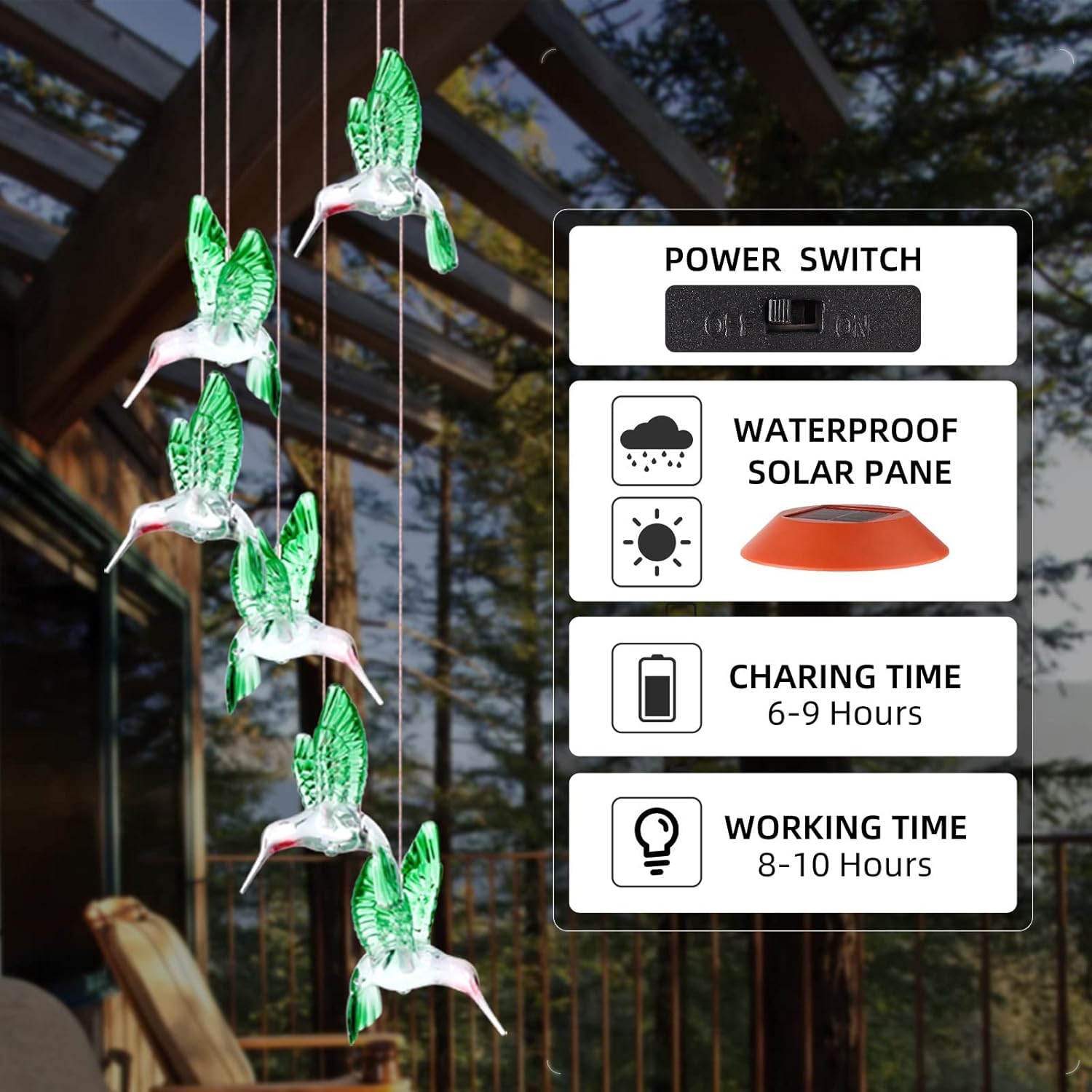 Solar Hummingbird/Butterfly Wind Chimes – LED Color-Changing Lights for Outdoor & Indoor Decor