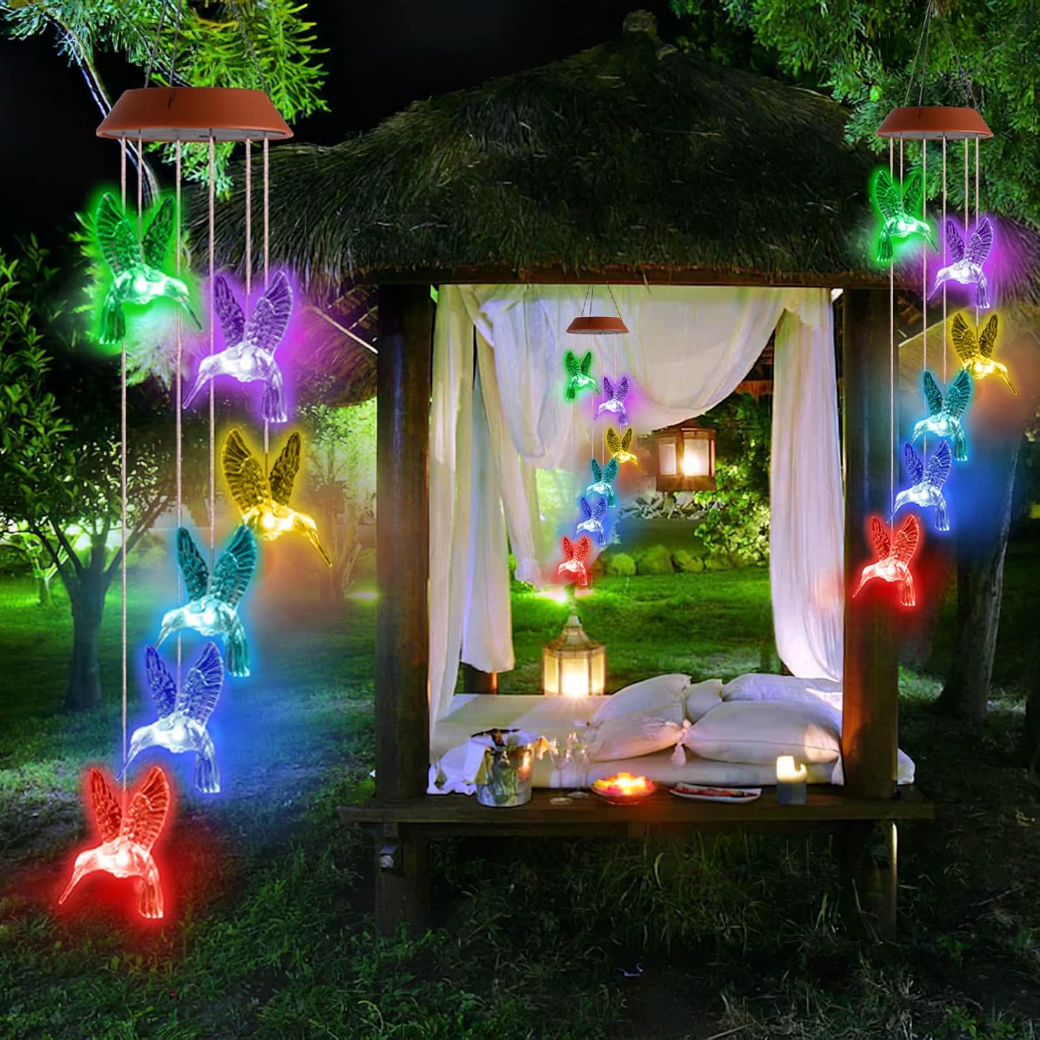 Solar Hummingbird/Butterfly Wind Chimes – LED Color-Changing Lights for Outdoor & Indoor Decor