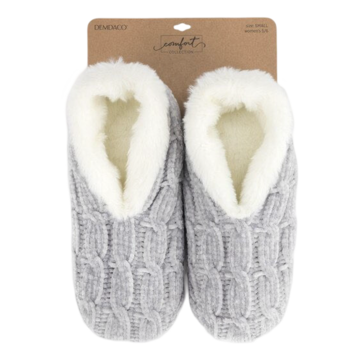 Demdaco Grey Chenille Cable Knit Slippers w/ Cozy Sherpa Lining