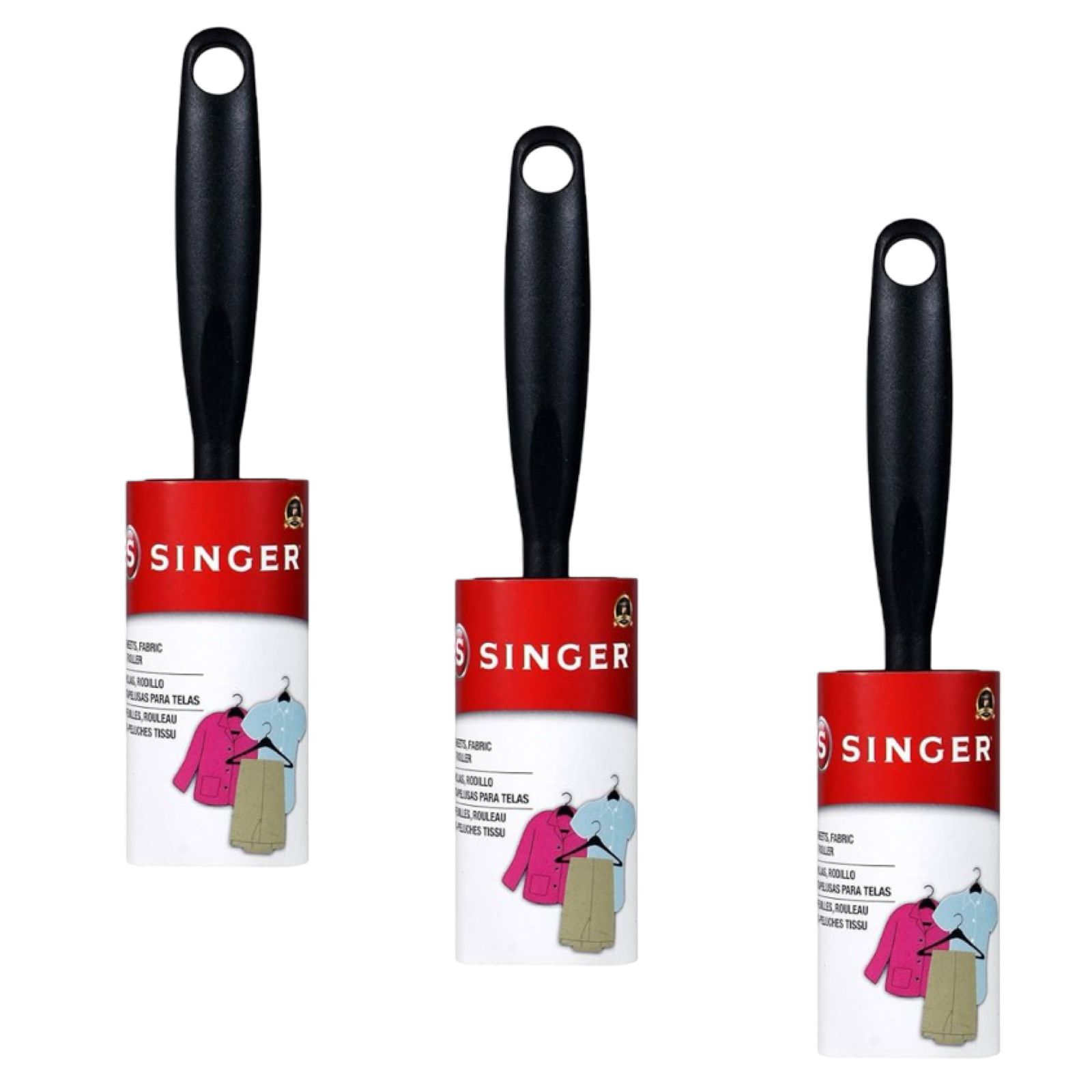3pk Singer 65 Sheet Lint Rollers, Ergonomic Handle - Refillable Rollers