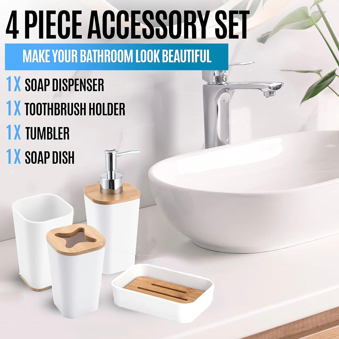 4-Piece Bamboo Bathroom Accessory Set By KRALIX - Choose Color