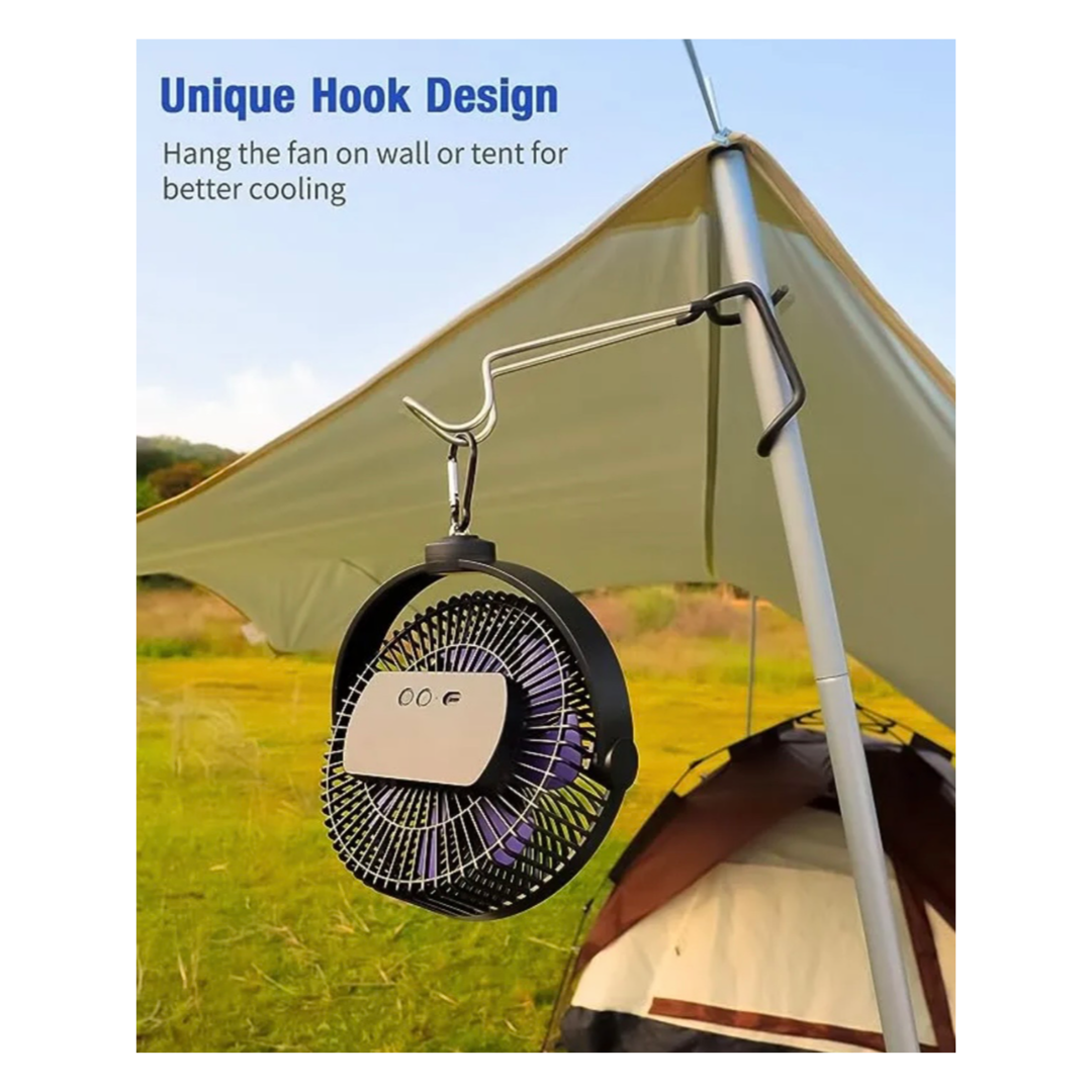 8” Portable Camping Fan with Tripod, 4 Speeds – Rechargeable