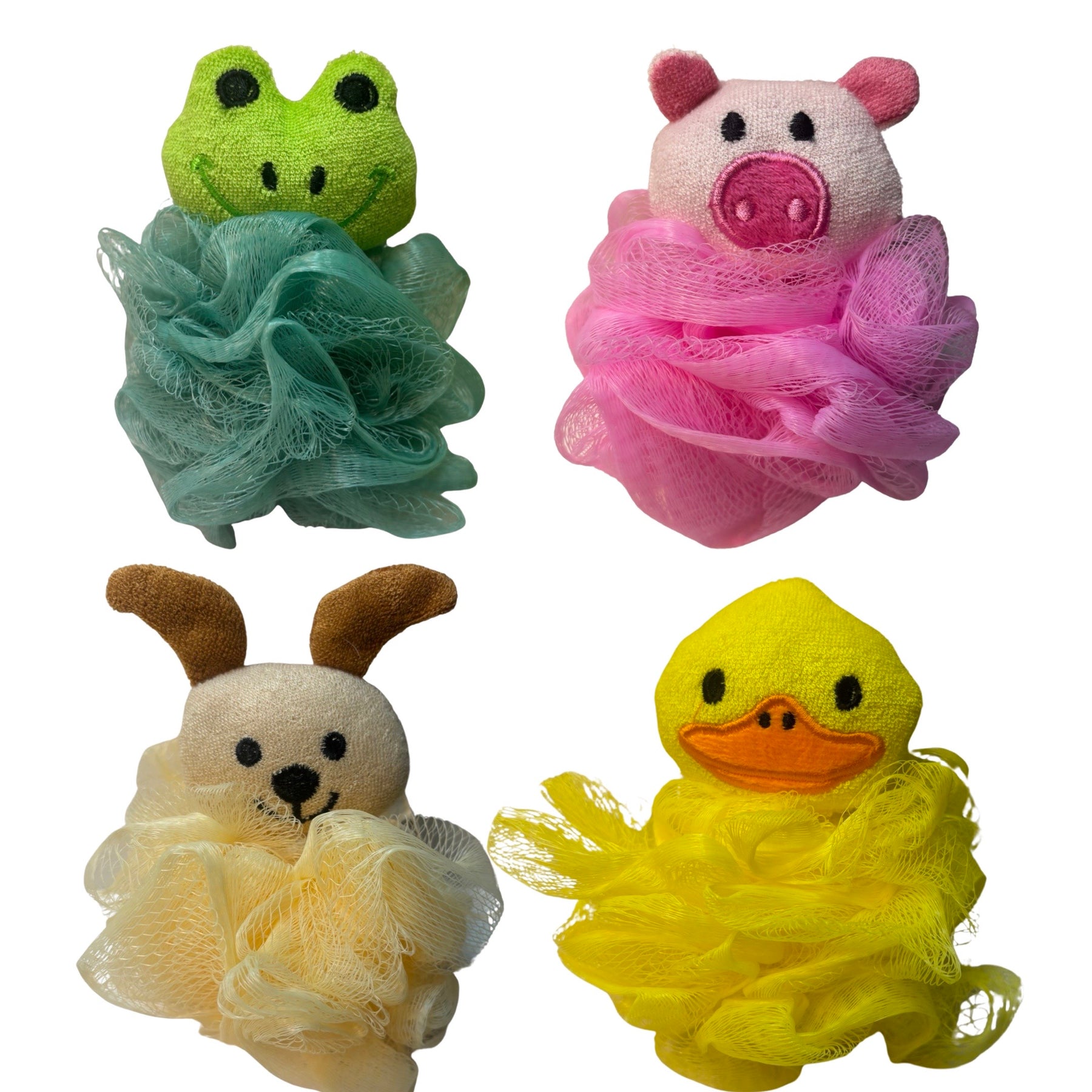 4pk Exfoliating 5" Shower & Bath Pouf / Loofah- With Attached Plush Sponge Toy