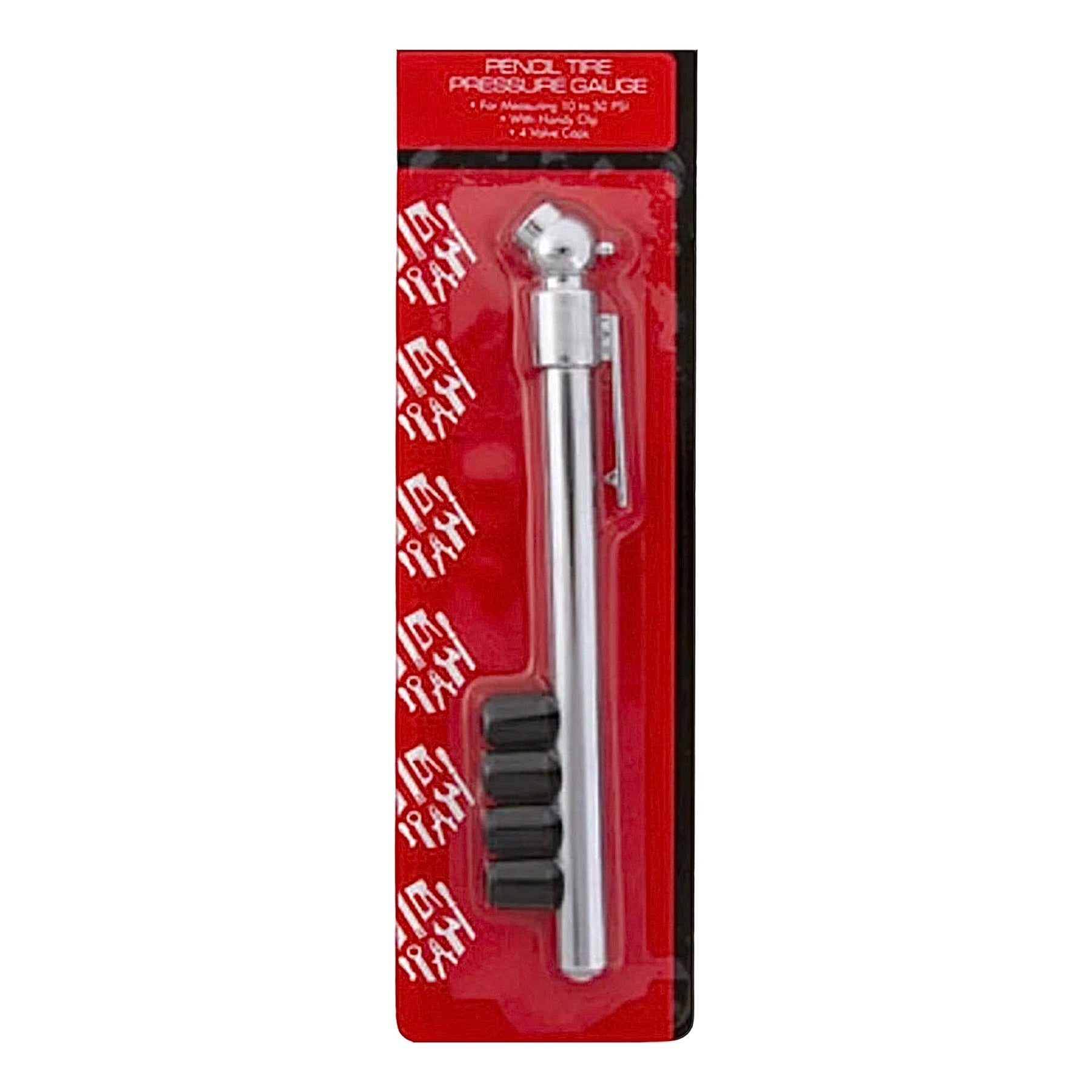 Pencil Air Pressure Tire Gauge w/ 4 Valve Stem Caps - For Cars, Trucks & Bikes