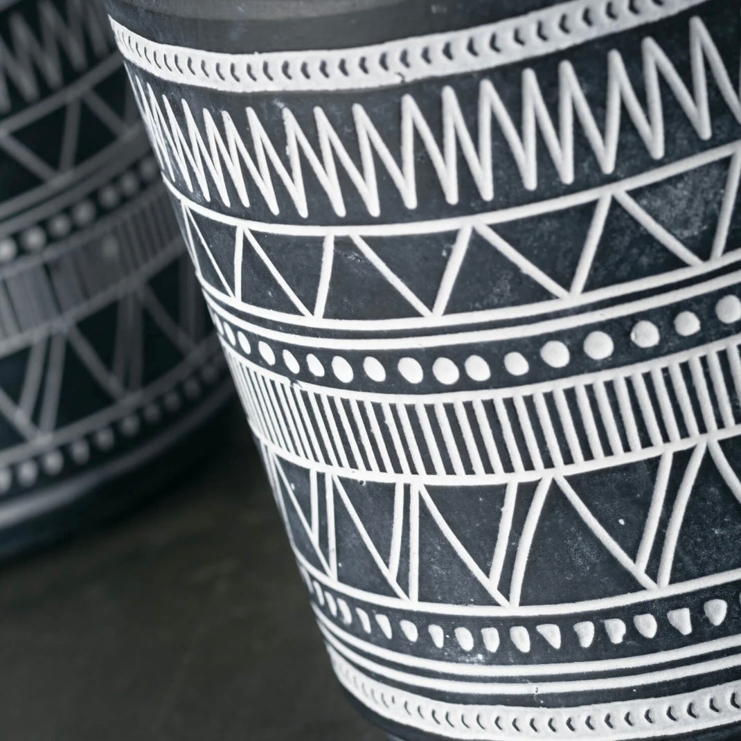 2pc Sullivans Aztec Print Black/White Textured Cement Planter Set - With Drain Holes