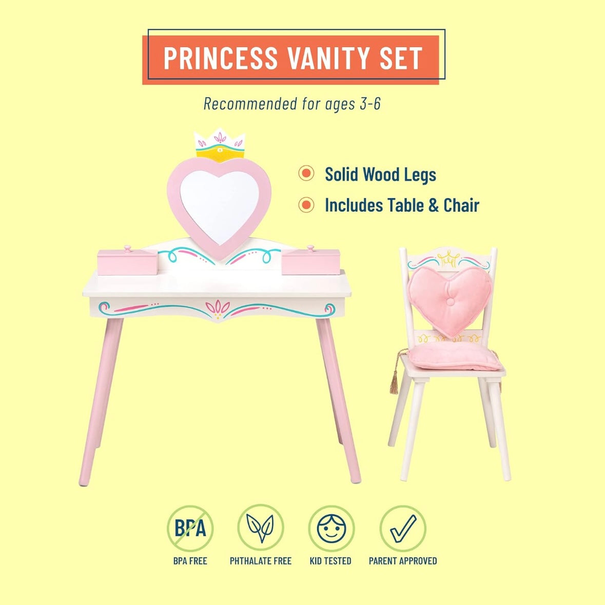 Wildkin Princess Wooden Vanity & Chair Set - w/ Mirror & Jewelry Box