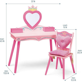 Wildkin Princess Wooden Vanity & Chair Set - w/ Mirror & Jewelry Box