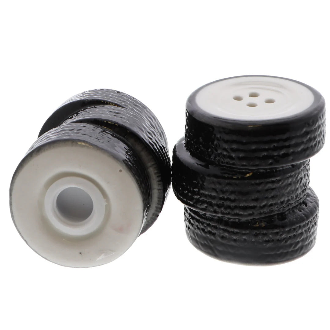 Stack of Tires Salt & Pepper Shaker Set – Ceramic Auto-Themed Kitchen Décor