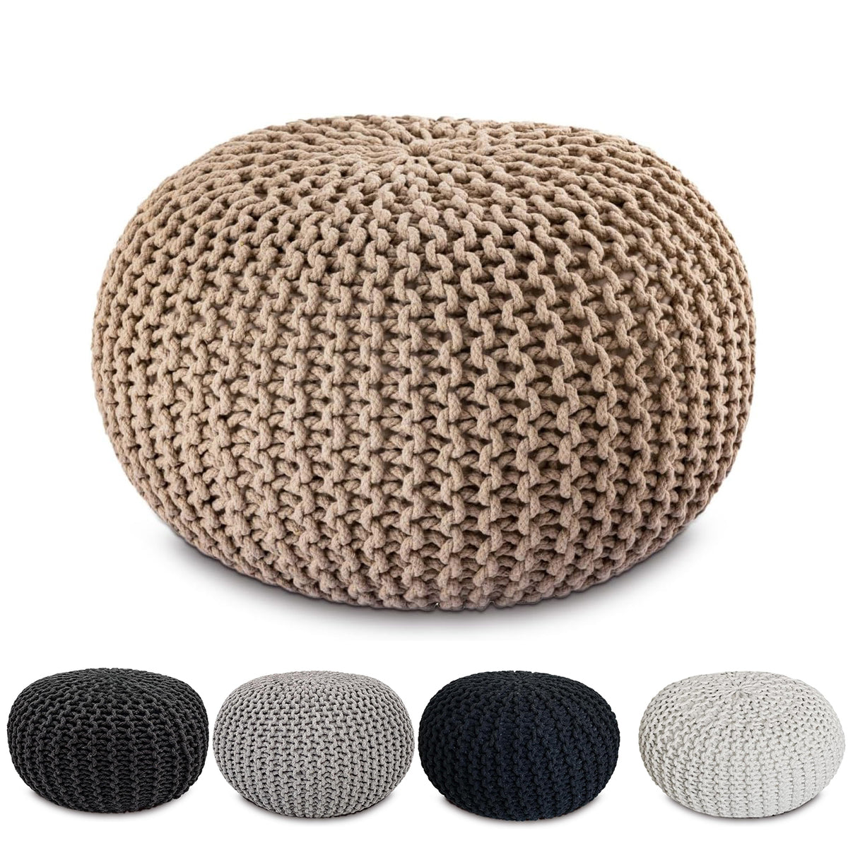 Chunky Handcrafted Knit Pouf -100% Recycled Cotton, 17.7″ x 11.8″