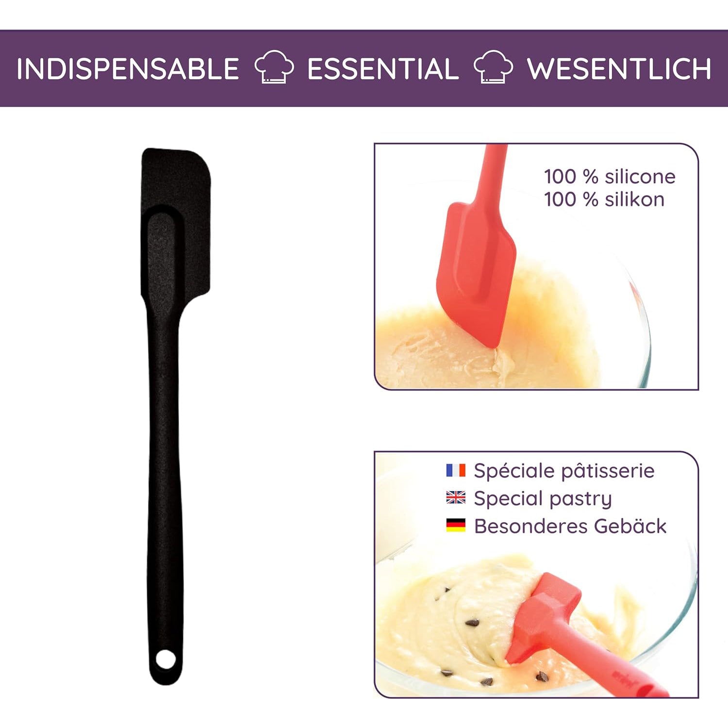 10.25" Mastrad Silicone Slim Spatula, Flexible Head, Black - Designed In France