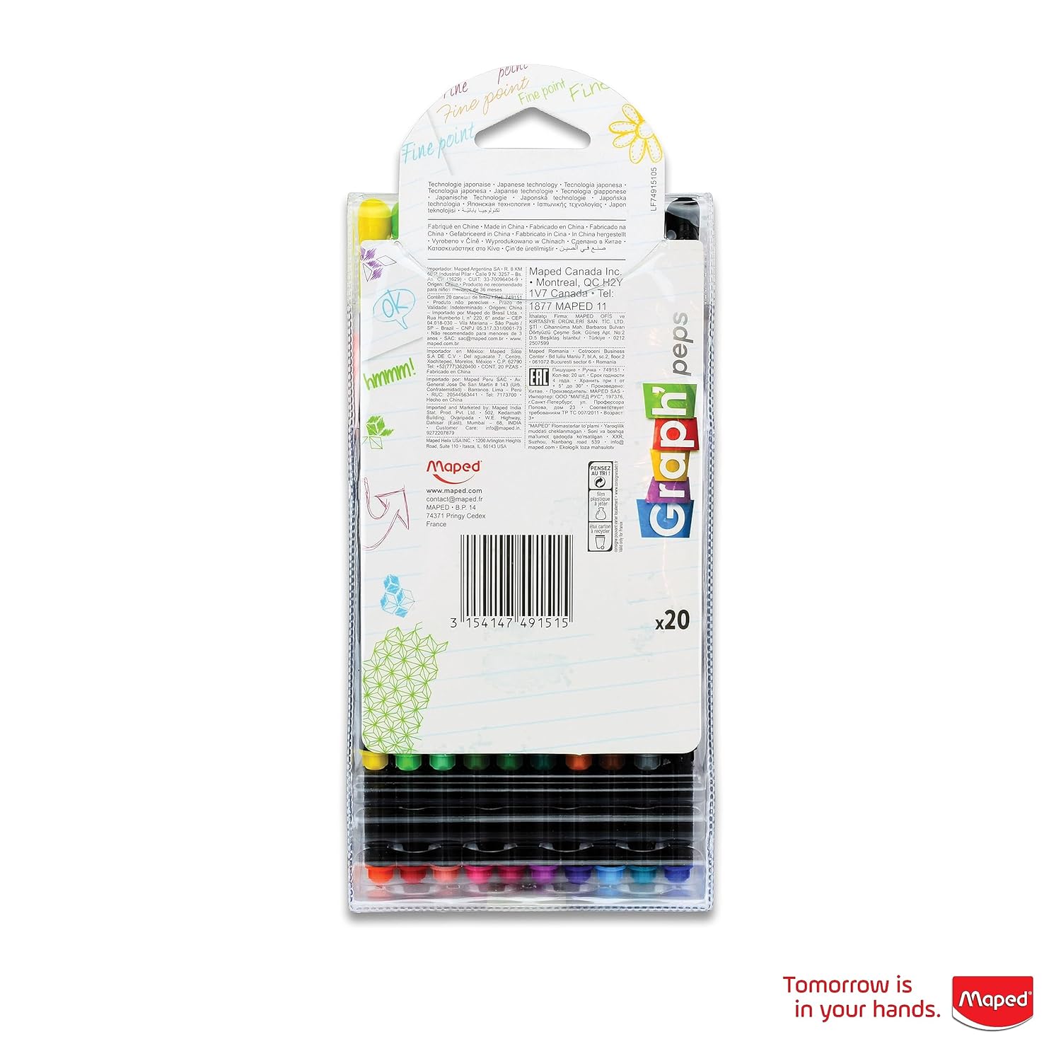 20pk Maped Graph' Peps Fine Tipped 0.4mm Felt Pens--Vibrant Colors!