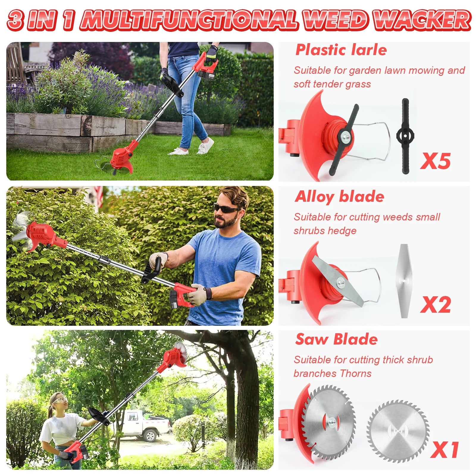 21V Cordless Electric Weed Wacker Kit – 3-in-1 Trimmer, 3 Blade Types