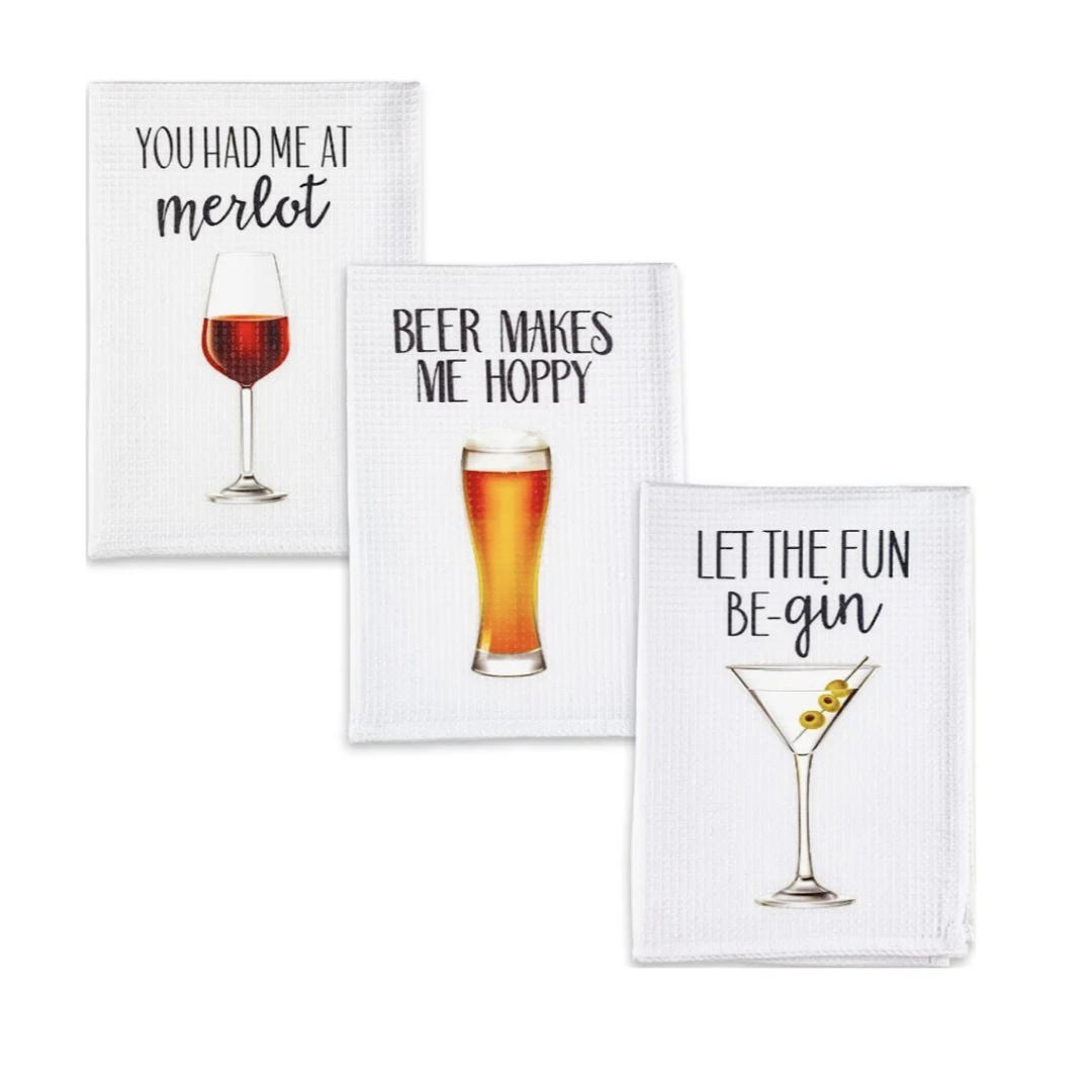 3pk Punny Dish Drying Tea Towels for Kitchen or Bar - Great Hostess Gift