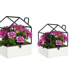 2pc House Shaped Metal and Wood Terrariums - Homes For Your Plants