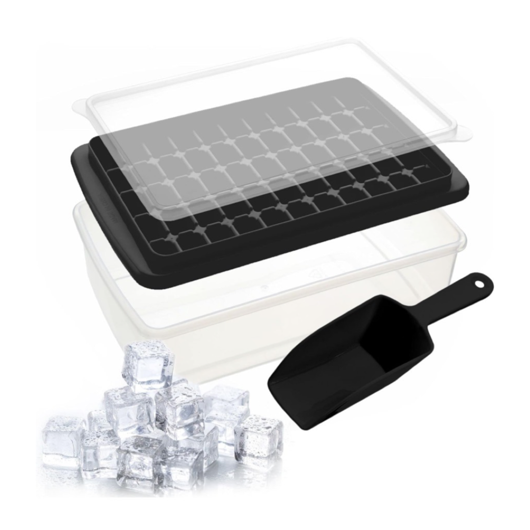No Spill Stackable 55 Nugget Ice Cube Tray w/ Bin, Lid & Scoop - Easy Release