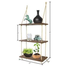 Rustic Distressed Wood & Jute Rope 3 Tier Floating Shelves - Farmhouse Shabby Chic