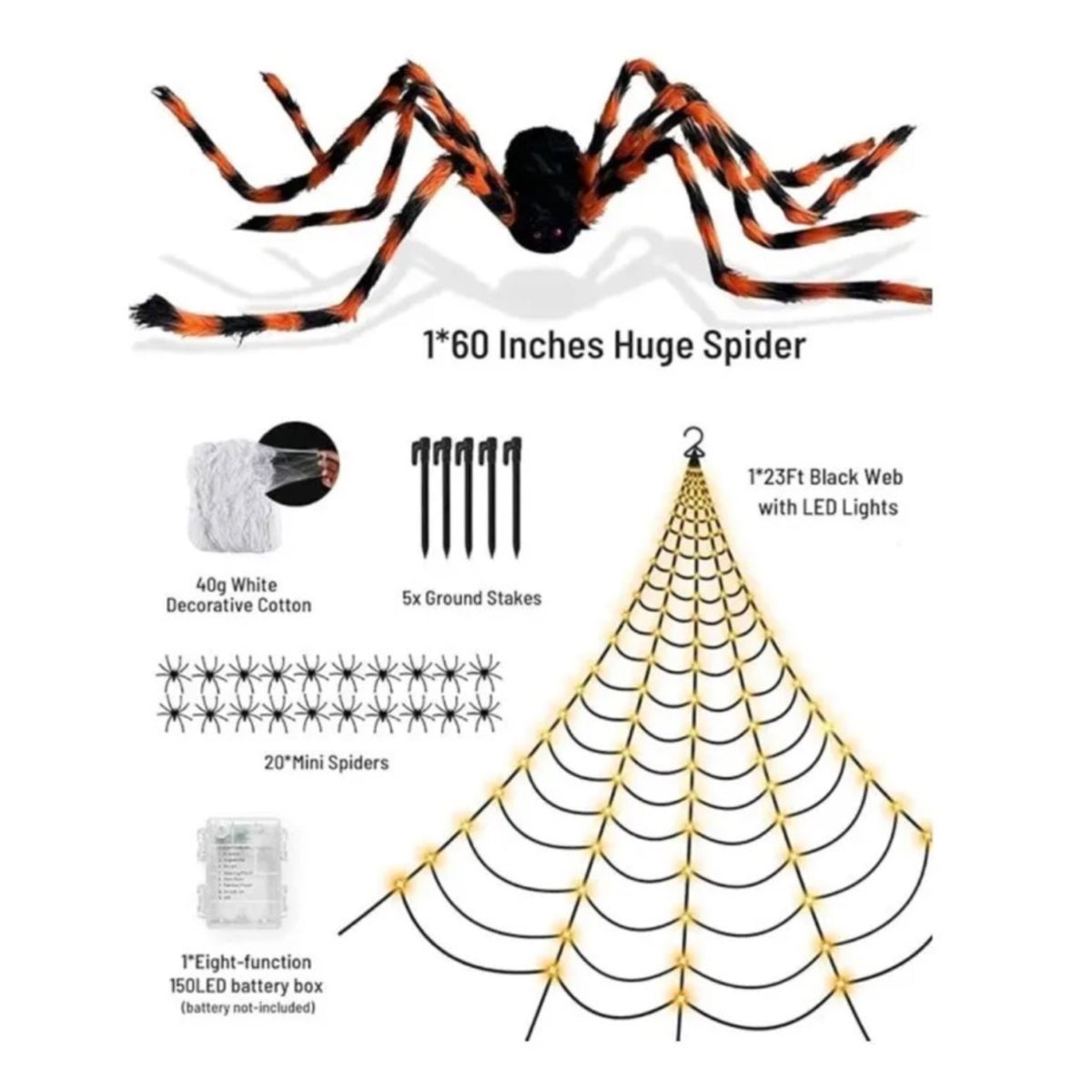 23ft Stretchable Triangular Spider Web & 60" Furry Spider - 150 LED, Lights up!