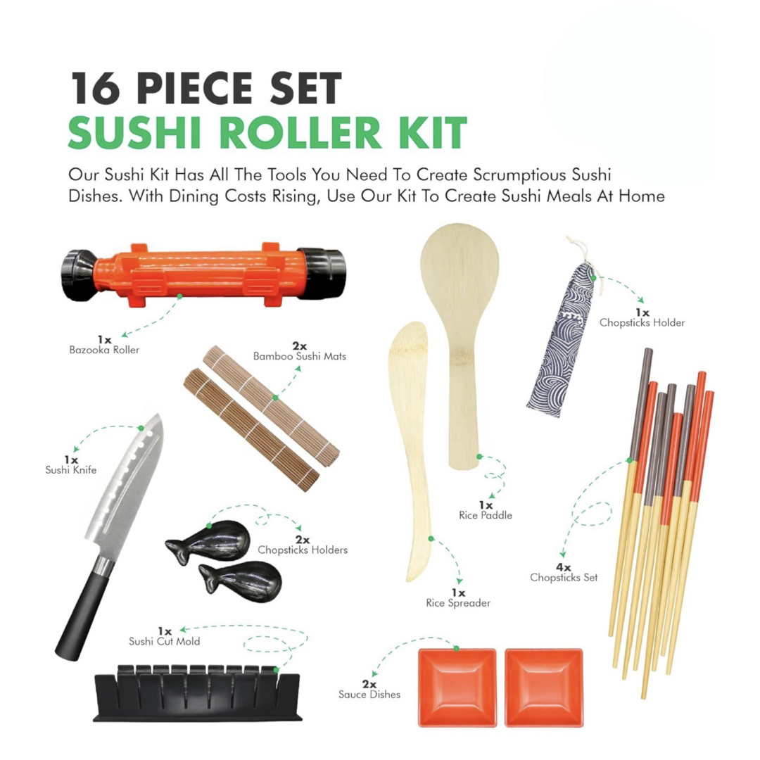 16pc Deluxe Sushi Making Kit w/Bazooka & Rolling Mat - Make Your Own!