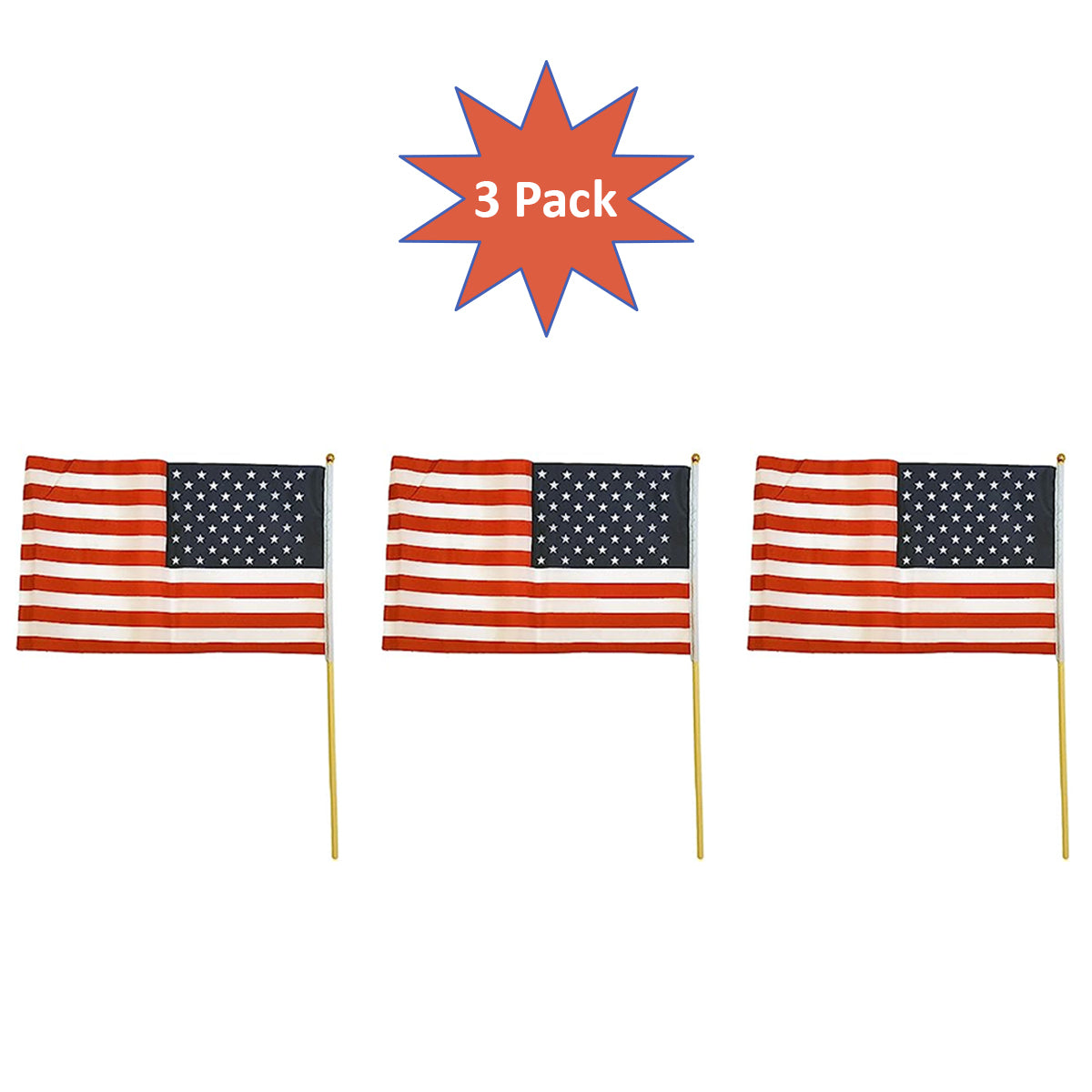 3pk Patriotic American Flags – 12"x7” Size, Hand-Held Or In-Ground