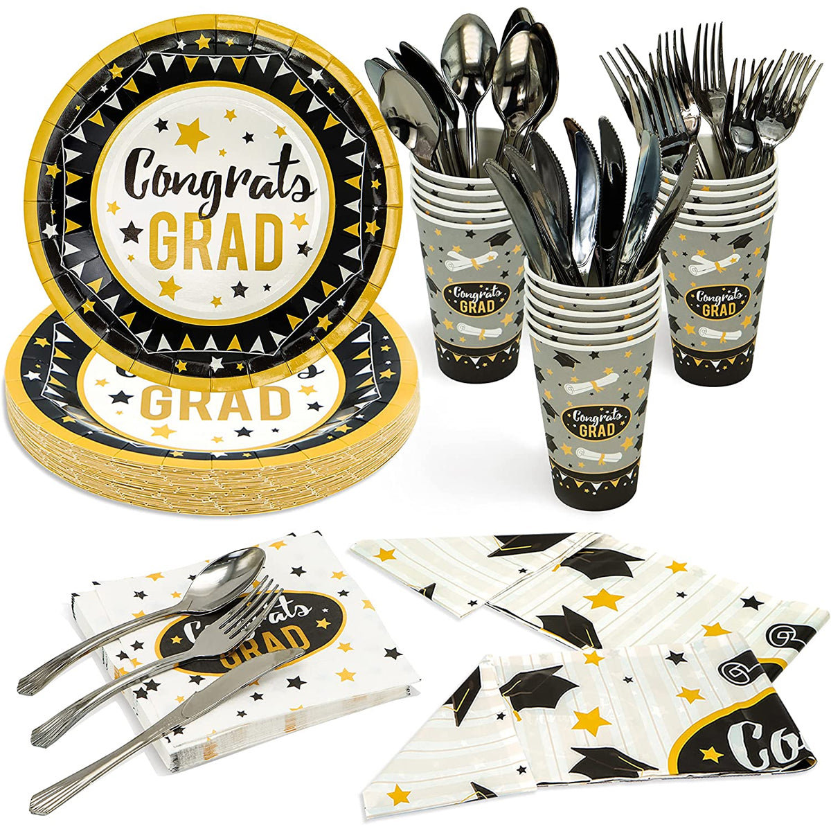 114ct Graduation Bundle- Plates, Napkins, Cups, Utensils, Table Covers