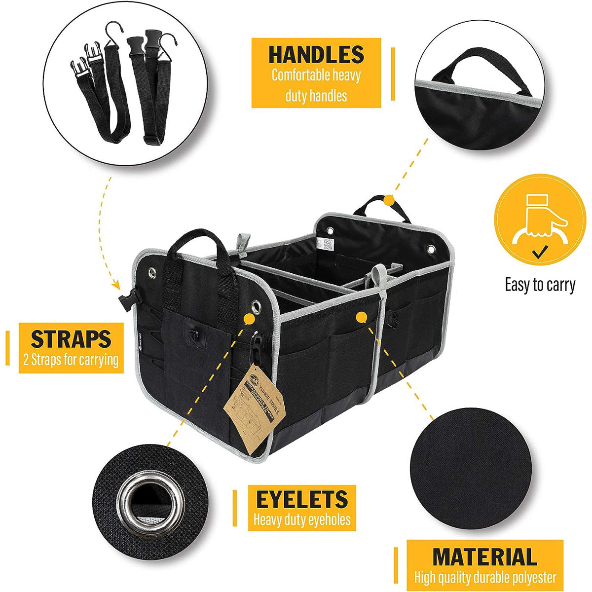23" Foldable Trunk Organizer For Car Storage - Non Slip Bottom, Securing Straps