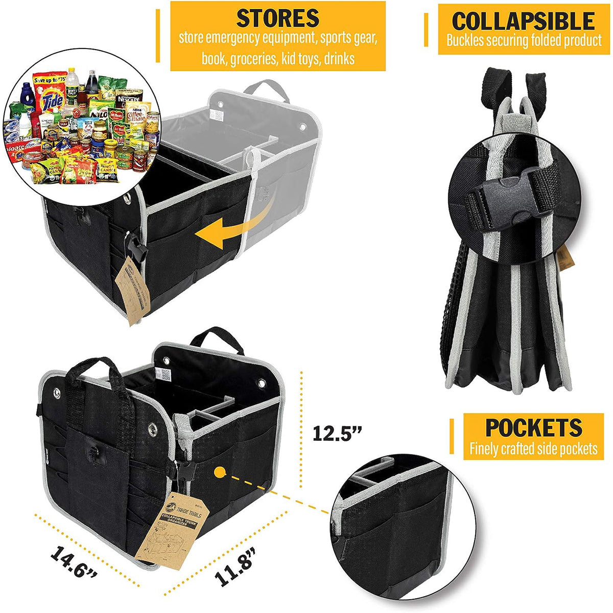 23" Foldable Trunk Organizer For Car Storage - Non Slip Bottom, Securing Straps