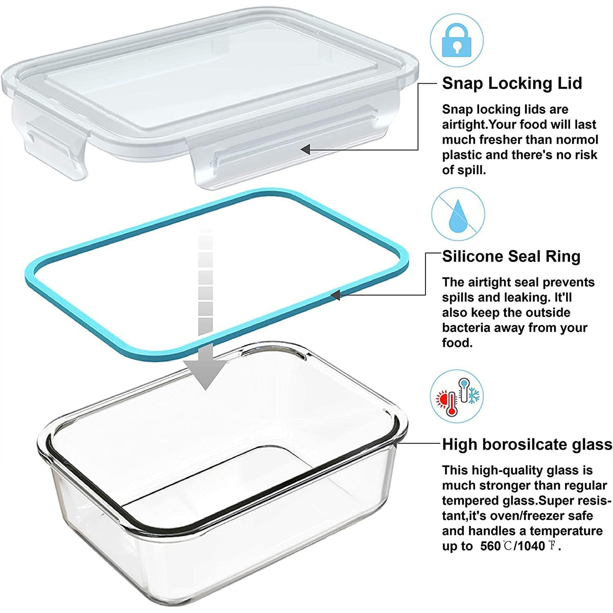 18pc Glass Container Set With Lock Tight Lids - BPA Free, Leak Proof