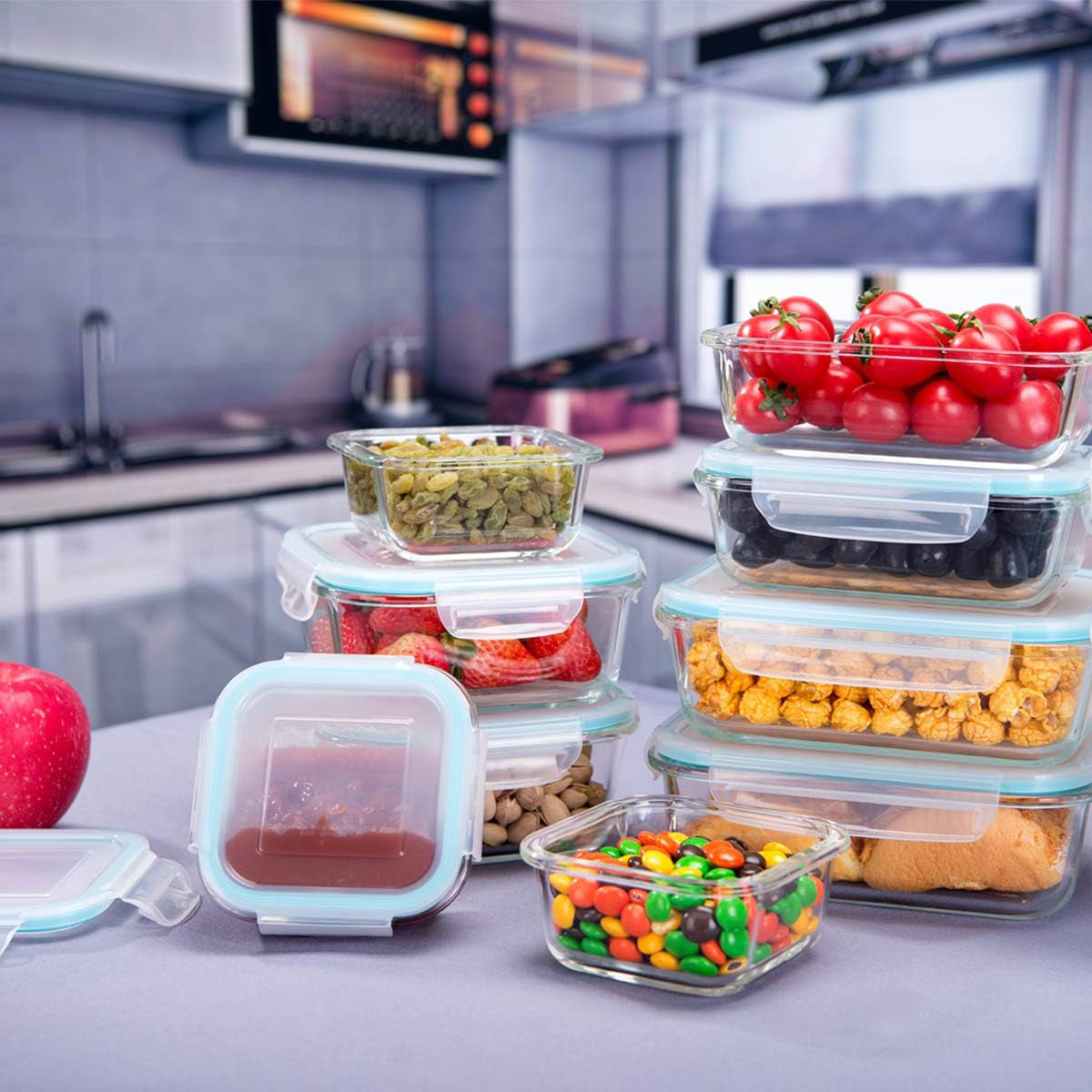 18pc Glass Container Set With Lock Tight Lids - BPA Free, Leak Proof