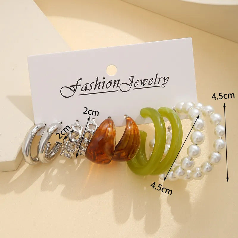 5pc Multi Gold Hoops, Faux Jade Green Open Hoop Earrings Set - Fashion Jewelry