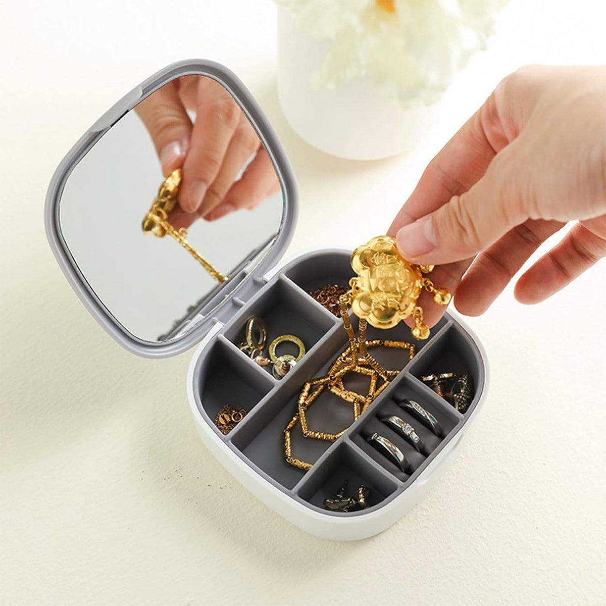 Travel Jewelry Or Pill Box, Snap Shut Lid - Interior Mirror And 7 Sections to Store More!