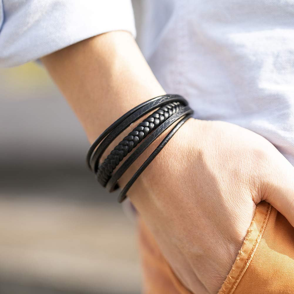 Multi-Layer Braided Leather Mens Bracelets - Pin & Lock Magnetic Closure