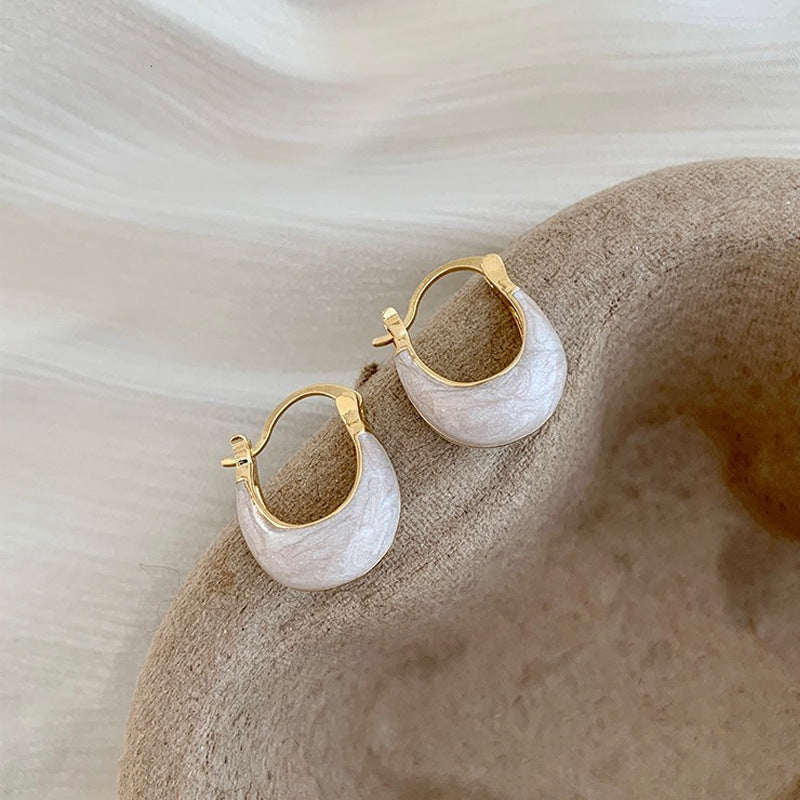 Elegant Horseshoe Hoop Earrings, Pearlescent White Enamel - Fashion Jewelry