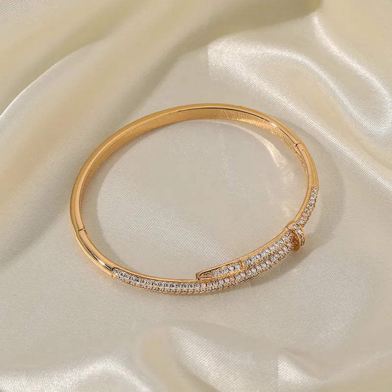 Half Pave Zircon Gemstone Hinged Oval Bangle, Gold Or Silver - Fashion Jewelry