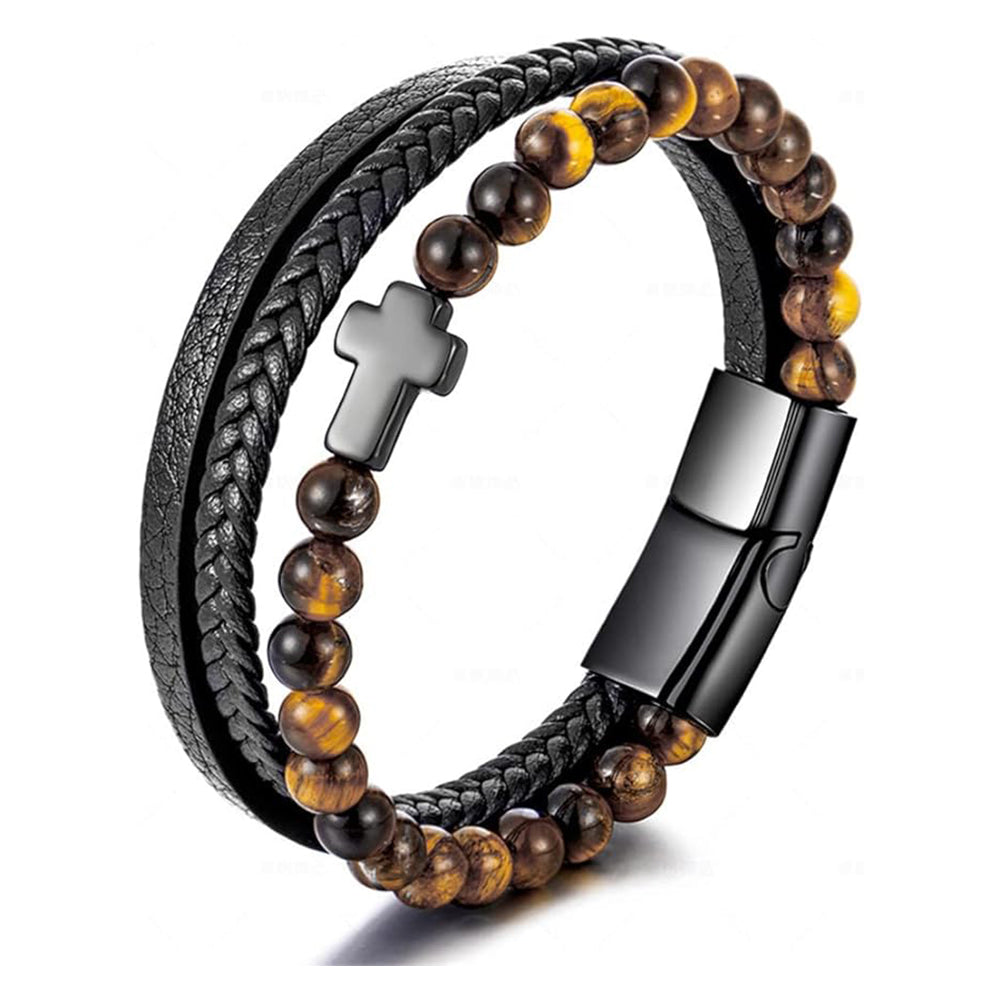 Tigers-Eye, Metal Cross, Multi-Strand Bracelet - Pin & Lock Magnetic Closure